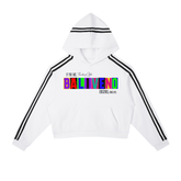 Contrast Side Stripe Cropped Hoodie in white with bold graphics and black stripes on sleeves, ideal for casual wear.