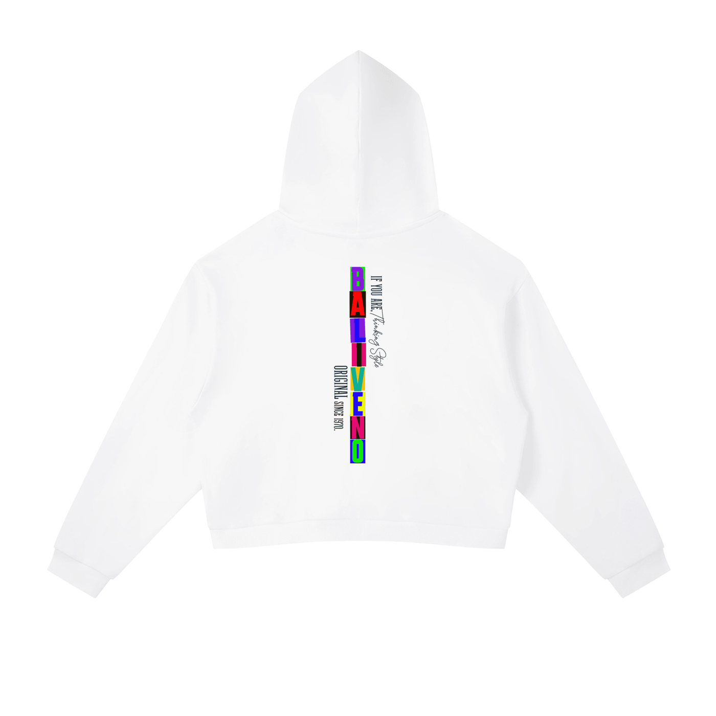 Back view of a Contrast Side Stripe Cropped Hoodie featuring colorful text design on a white background.