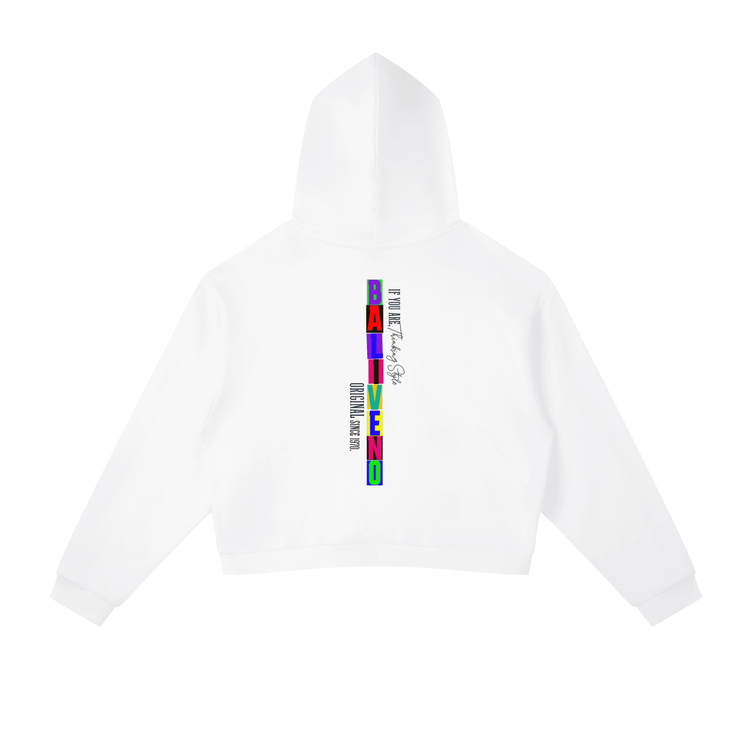 Back view of a Contrast Side Stripe Cropped Hoodie featuring colorful text design on a white background.