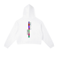 Back view of a Contrast Side Stripe Cropped Hoodie featuring colorful text design on a white background.