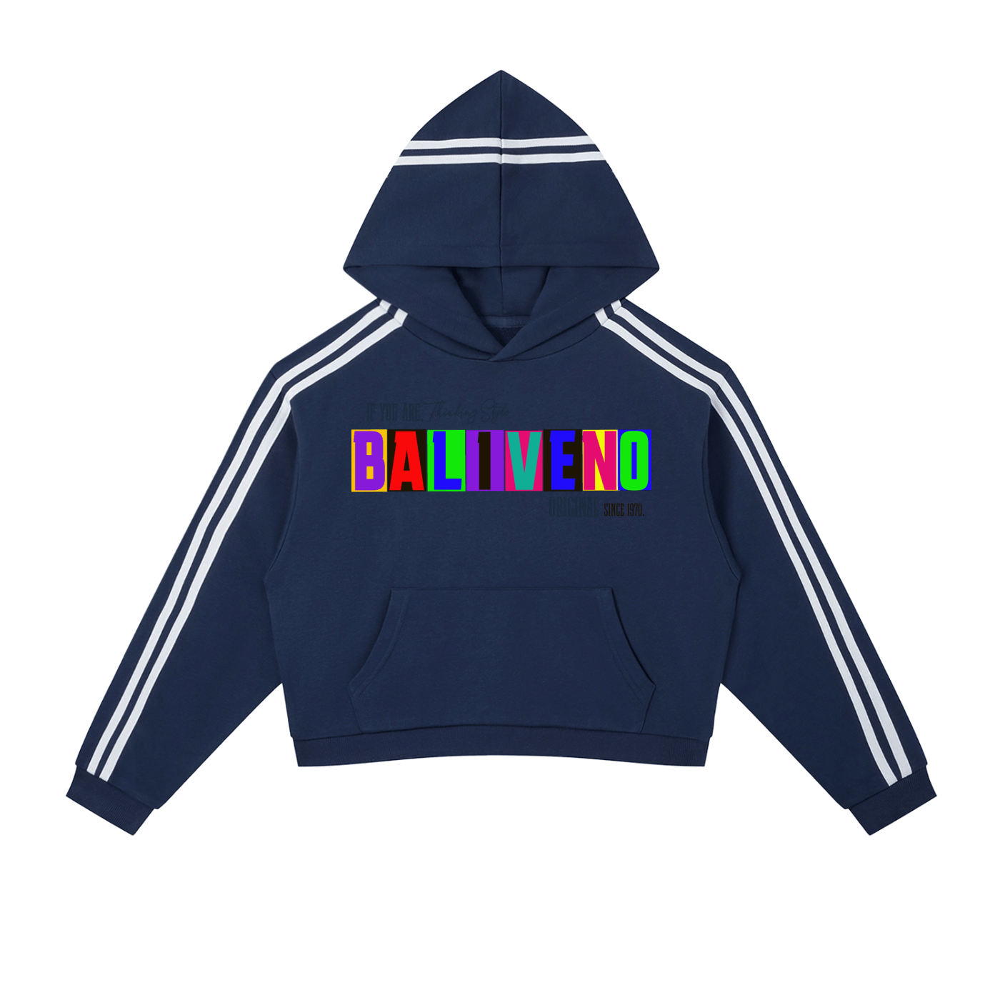 Contrast Side Stripe Cropped Hoodie in navy with colorful print and white stripes, perfect for casual and sporty looks.