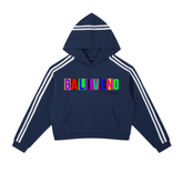 Contrast Side Stripe Cropped Hoodie in navy with colorful print and white stripes, perfect for casual and sporty looks.