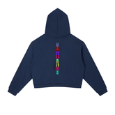 Contrast Side Stripe Cropped Hoodie with colorful back design in navy blue, perfect for casual and sporty outfits.