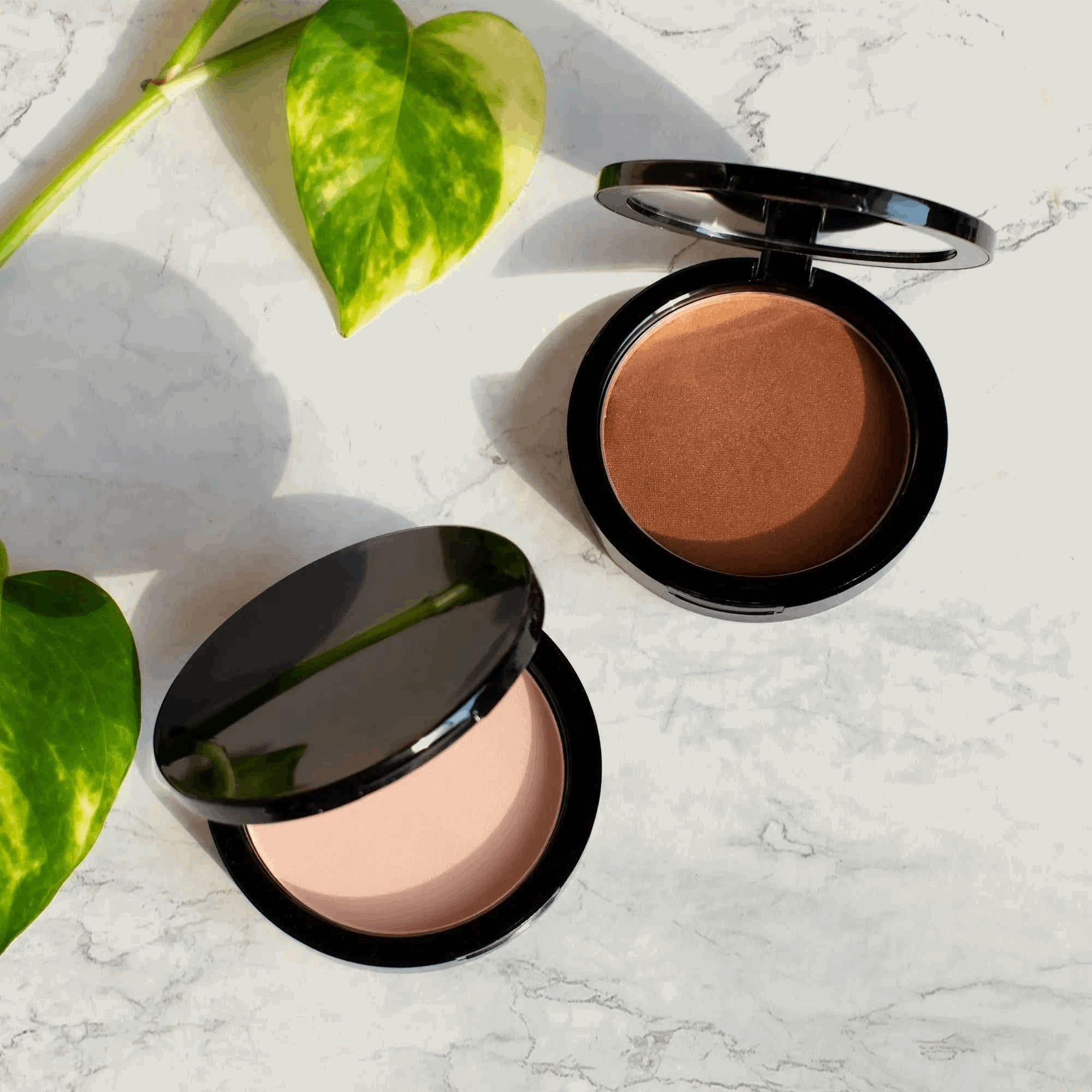 Dual Blend Powder Foundation - Mesa in sleek compact with dual shades, suitable for all skin types, on marble surface.
