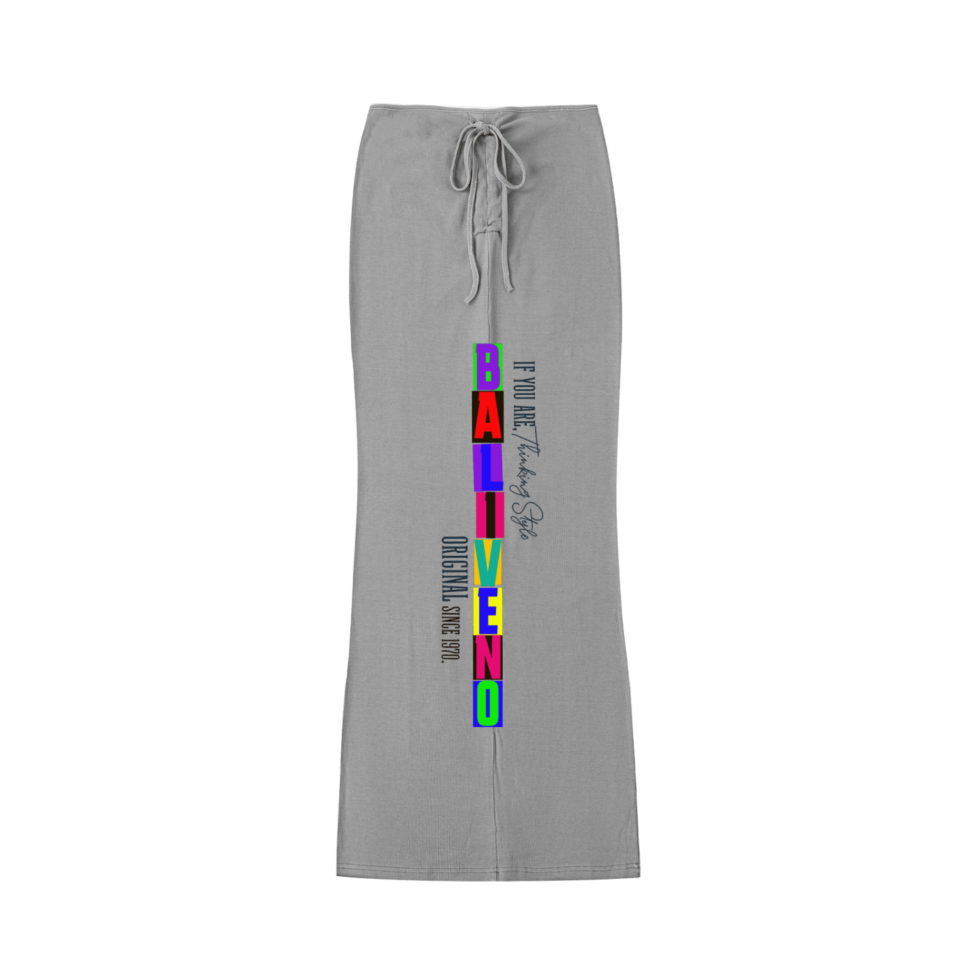 Dyed Washed Drawstring Maxi Skirt in gray with unique text design, perfect for casual and elegant occasions.