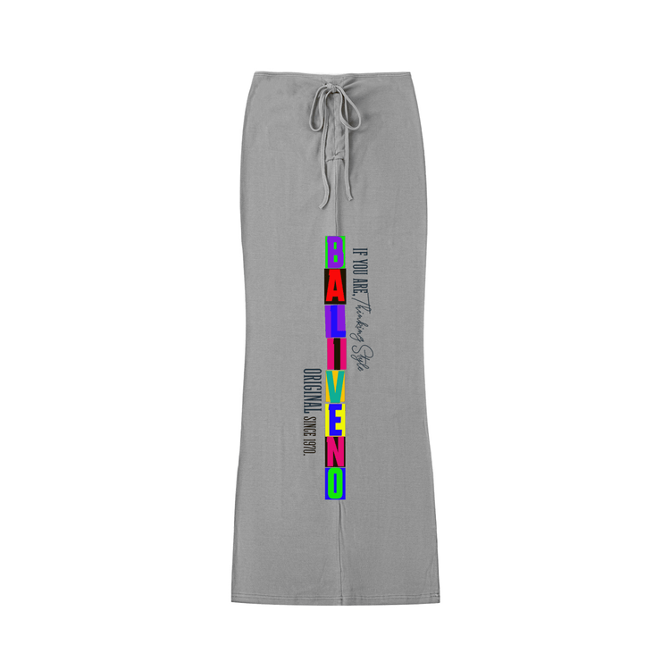 Dyed Washed Drawstring Maxi Skirt in gray with unique text design, perfect for casual and elegant occasions.