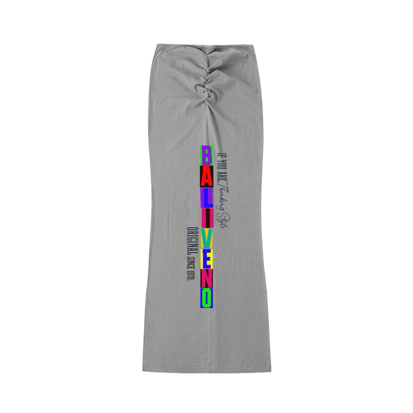 Dyed Washed Drawstring Maxi Skirt featuring a ruched design and colorful text on a gray fabric.