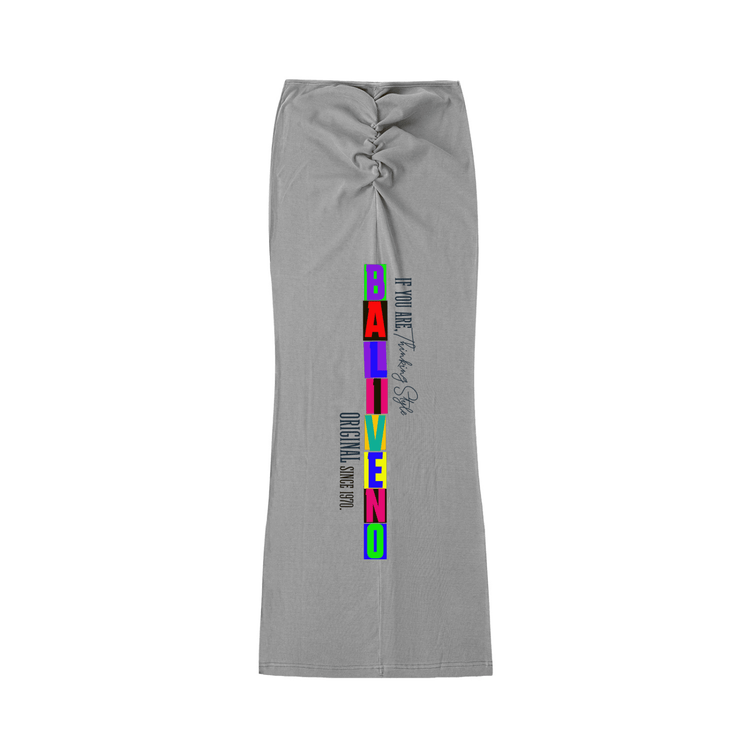 Dyed Washed Drawstring Maxi Skirt featuring a ruched design and colorful text on a gray fabric.