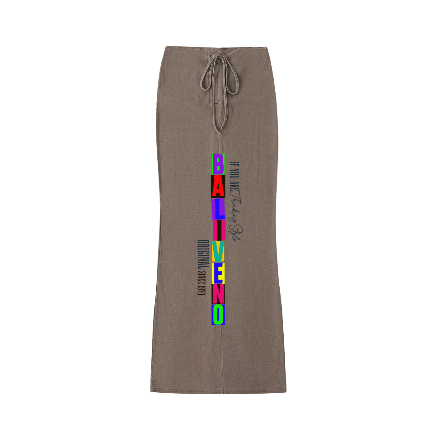 Dyed Washed Drawstring Maxi Skirt featuring colorful text design and drawstring detail.