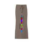 Dyed Washed Drawstring Maxi Skirt featuring colorful text design and drawstring detail.