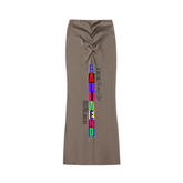 Dyed Washed Drawstring Maxi Skirt featuring a ruched design and bold typography, perfect for casual and party wear.