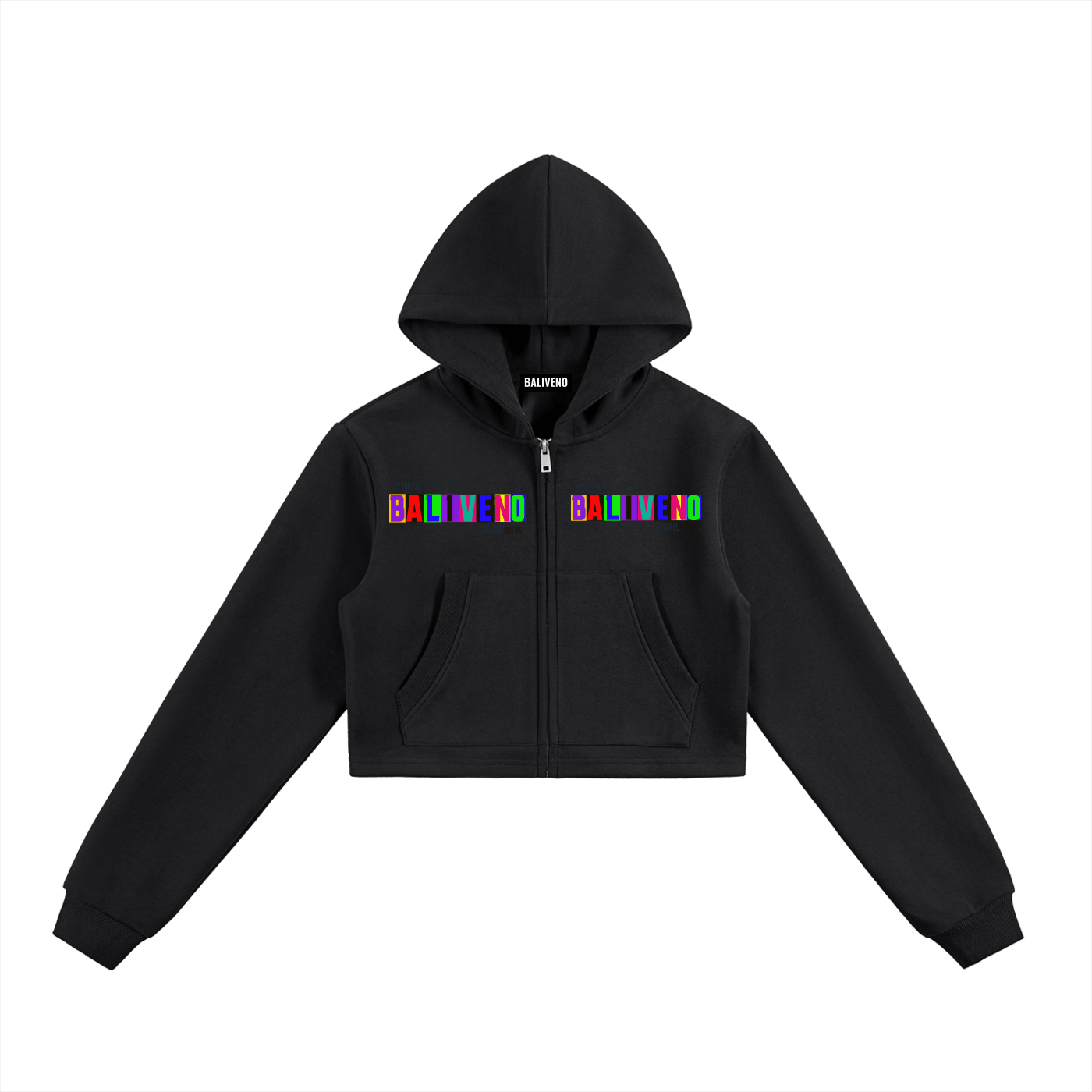 Essential Cropped Zip-Up Hoodie in black with vibrant BALIEND logo on the front.