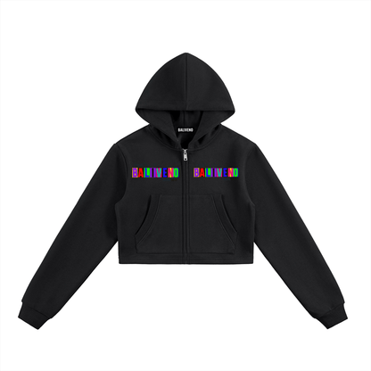 Essential Cropped Zip-Up Hoodie in black with vibrant BALIEND logo on the front.