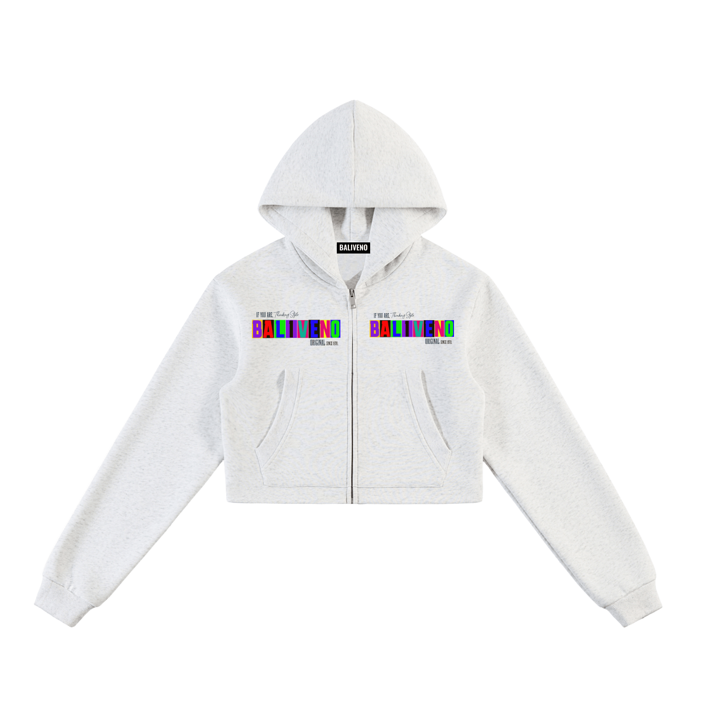 Essential Cropped Zip-Up Hoodie in grey with a vibrant graphic design on the chest.