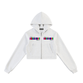Essential Cropped Zip-Up Hoodie in grey with a vibrant graphic design on the chest.