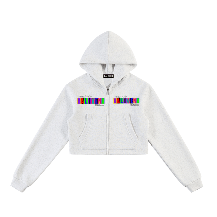 Essential Cropped Zip-Up Hoodie in grey with a vibrant graphic design on the chest.