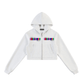 Essential Cropped Zip-Up Hoodie in grey with a vibrant graphic design on the chest.