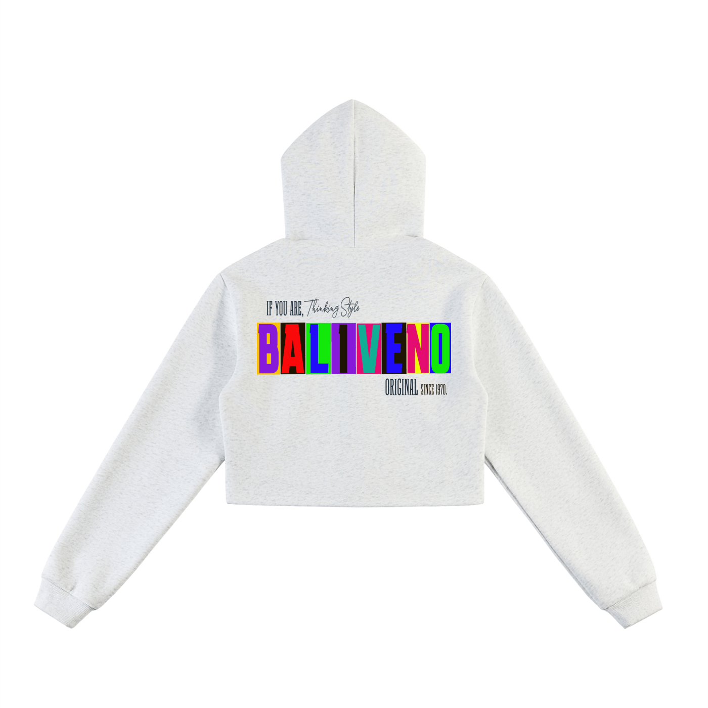 Essential Cropped Zip-Up Hoodie featuring bold graphic design on the back with colorful text and stylish cropped cut.