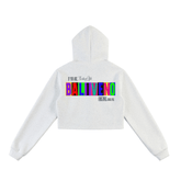 Essential Cropped Zip-Up Hoodie featuring bold graphic design on the back with colorful text and stylish cropped cut.