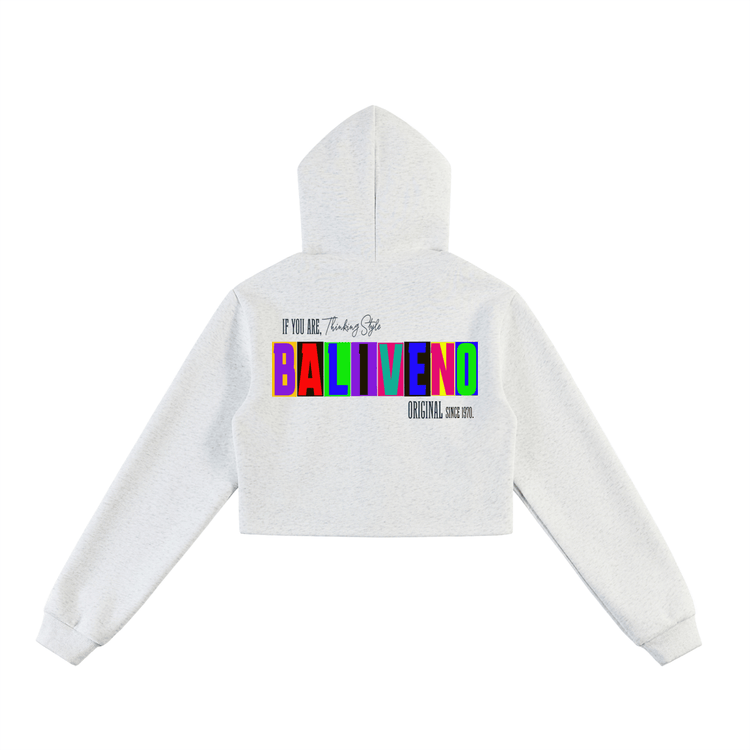 Essential Cropped Zip-Up Hoodie featuring bold graphic design on the back with colorful text and stylish cropped cut.