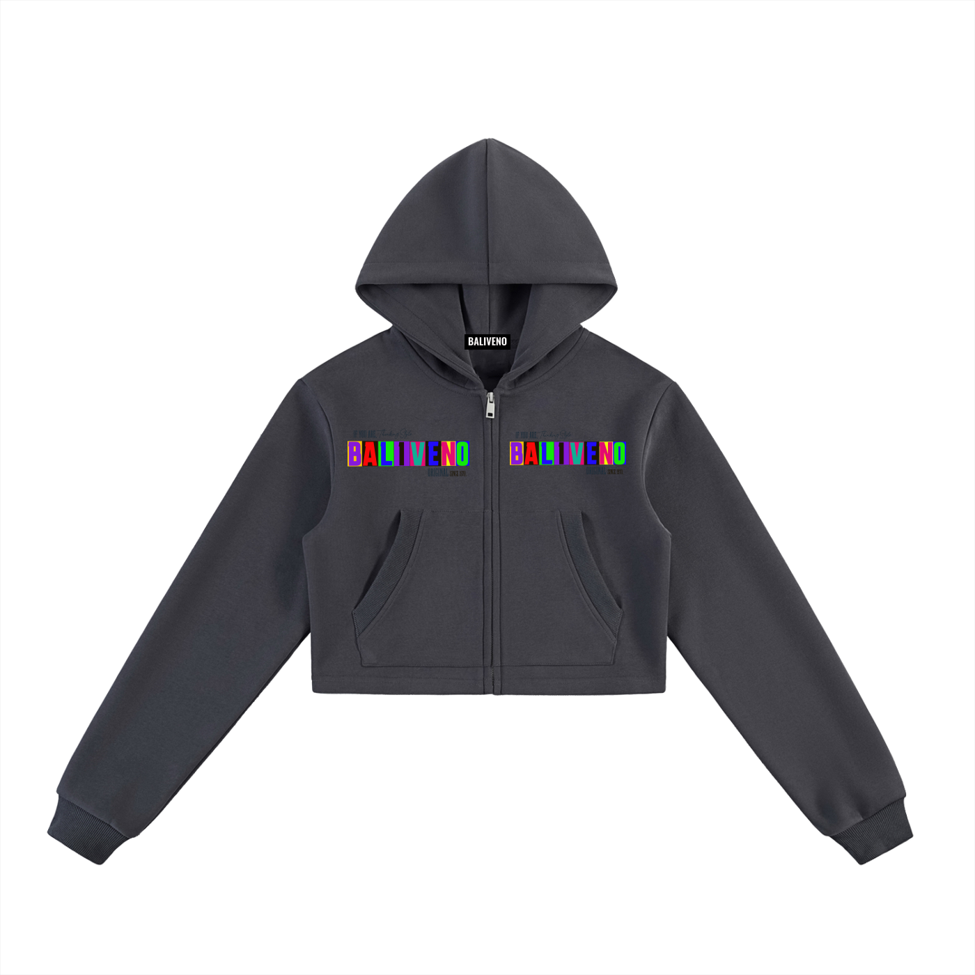 Essential Cropped Zip-Up Hoodie in dark gray with colorful logo embroidery, perfect for casual and sporty outfits.