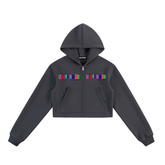 Essential Cropped Zip-Up Hoodie in dark gray with colorful logo embroidery, perfect for casual and sporty outfits.