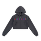 Essential Cropped Zip-Up Hoodie in dark gray with colorful logo embroidery, perfect for casual and sporty outfits.