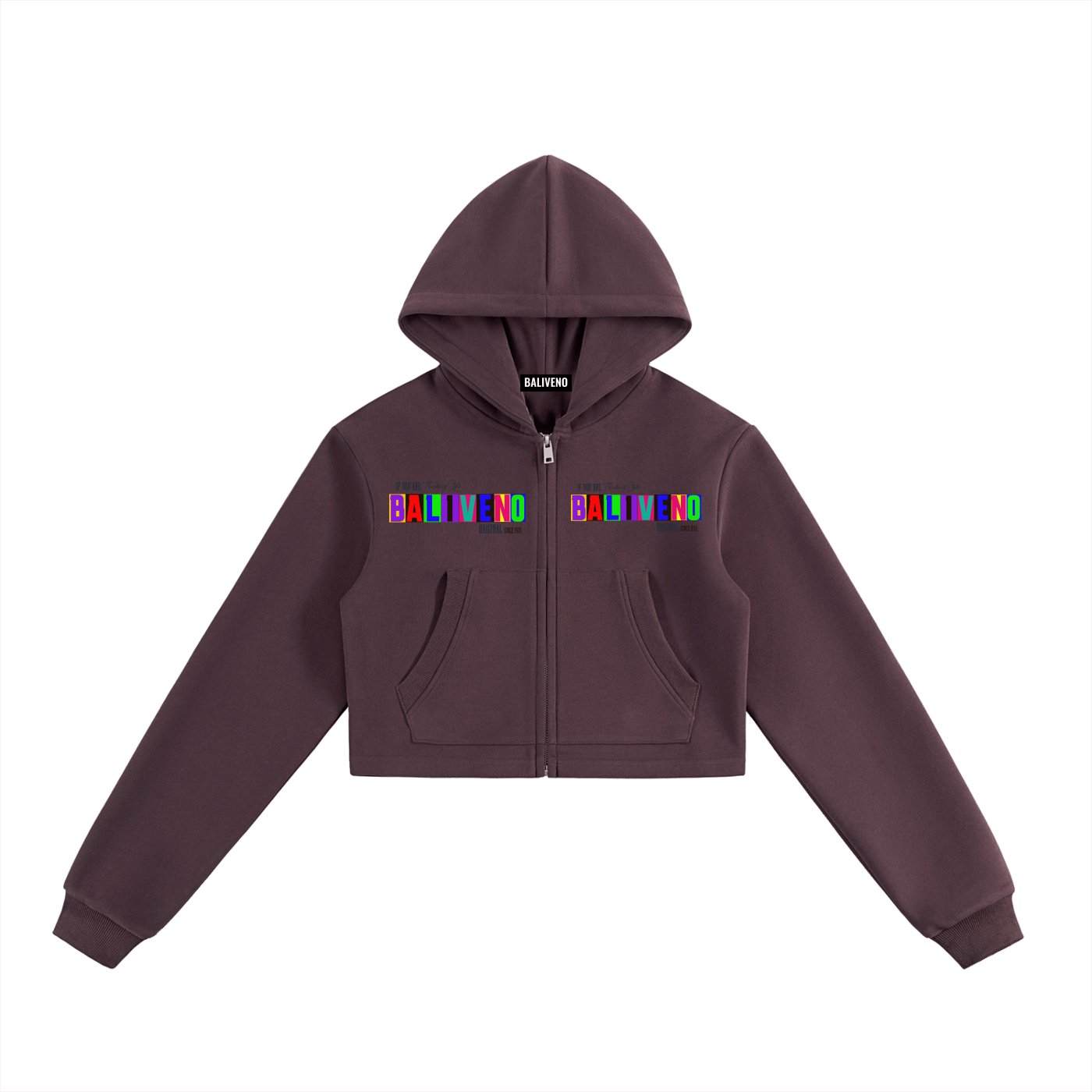 Essential Cropped Zip-Up Hoodie in dark purple with colorful lettering on chest and a casual loose fit.