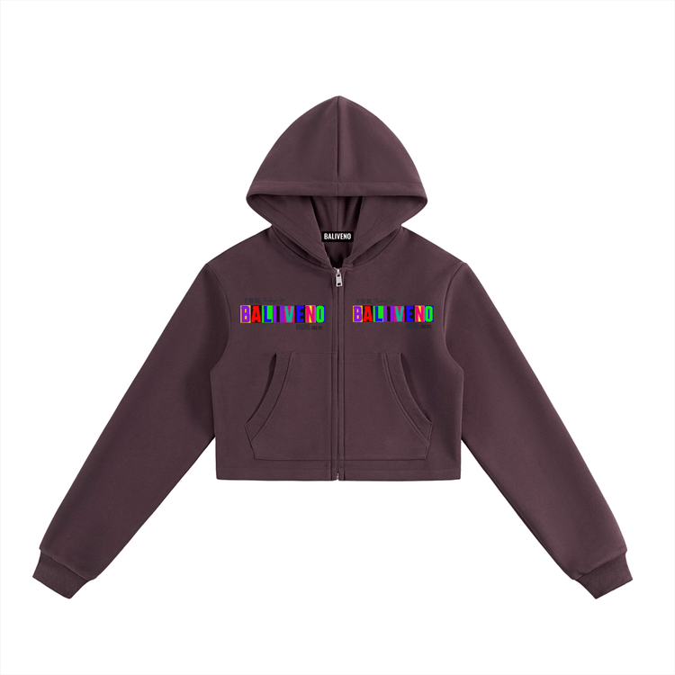 Essential Cropped Zip-Up Hoodie in dark purple with colorful lettering on chest and a casual loose fit.