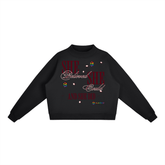 Essential Fleece Mock-Neck Crew Sweatshirt featuring a motivational graphic design on a black background.