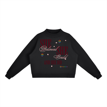 Essential Fleece Mock-Neck Crew Sweatshirt featuring a motivational graphic design on a black background.