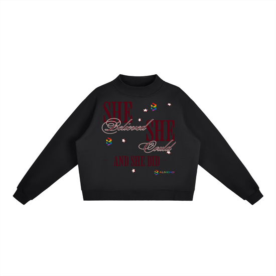 Essential Fleece Mock-Neck Crew Sweatshirt featuring a motivational graphic design on a black background.