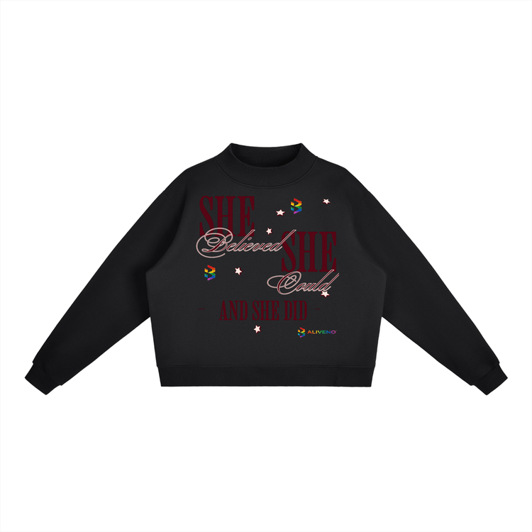 Essential Fleece Mock-Neck Crew Sweatshirt featuring a motivational graphic design on a black background.