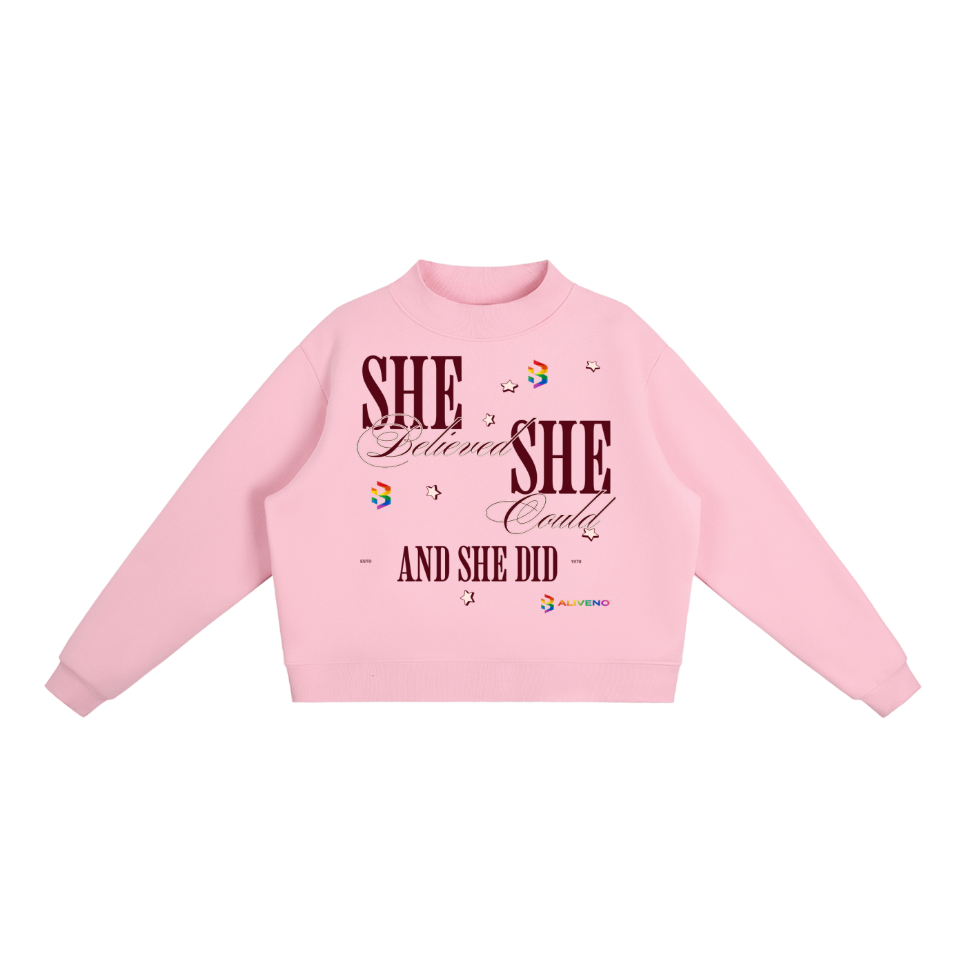 Essential Fleece Mock-Neck Crew Sweatshirt in pink with inspirational graphic design.