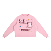 Essential Fleece Mock-Neck Crew Sweatshirt in pink with inspirational graphic design.
