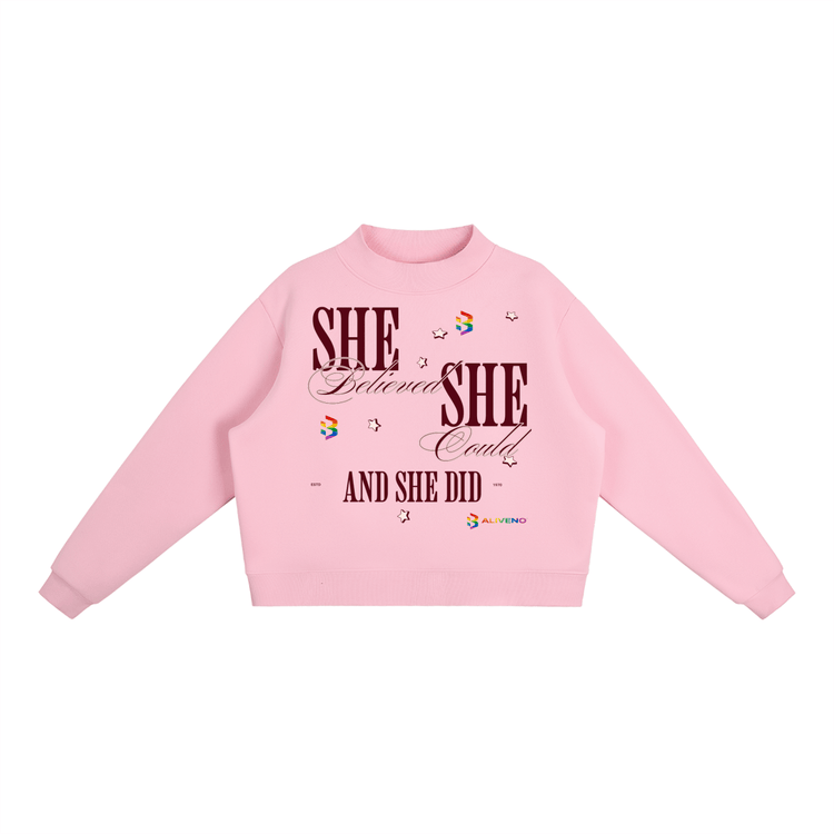 Essential Fleece Mock-Neck Crew Sweatshirt in pink with inspirational graphic design.
