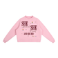 Essential Fleece Mock-Neck Crew Sweatshirt in pink with inspirational graphic design.