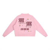 Essential Fleece Mock-Neck Crew Sweatshirt in pink with empowering text on the back.
