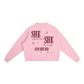Essential Fleece Mock-Neck Crew Sweatshirt in pink with empowering text on the back.