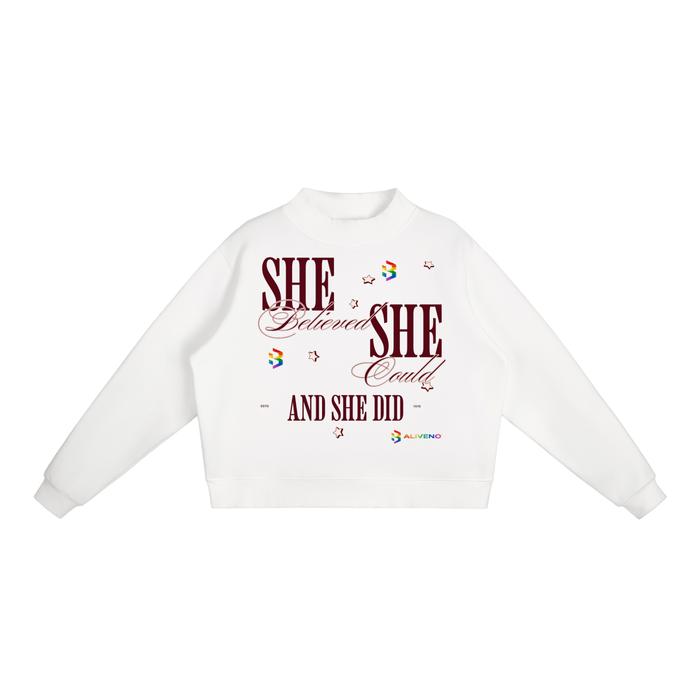 Essential Fleece Mock-Neck Crew Sweatshirt with inspirational quote design, perfect for casual wear.