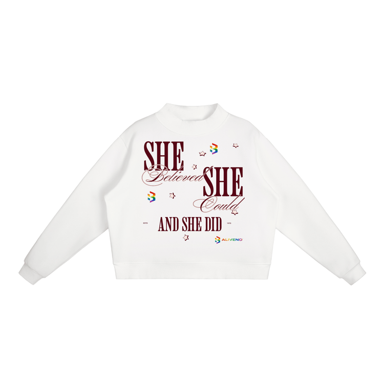 Essential Fleece Mock-Neck Crew Sweatshirt with inspirational quote design, perfect for casual wear.