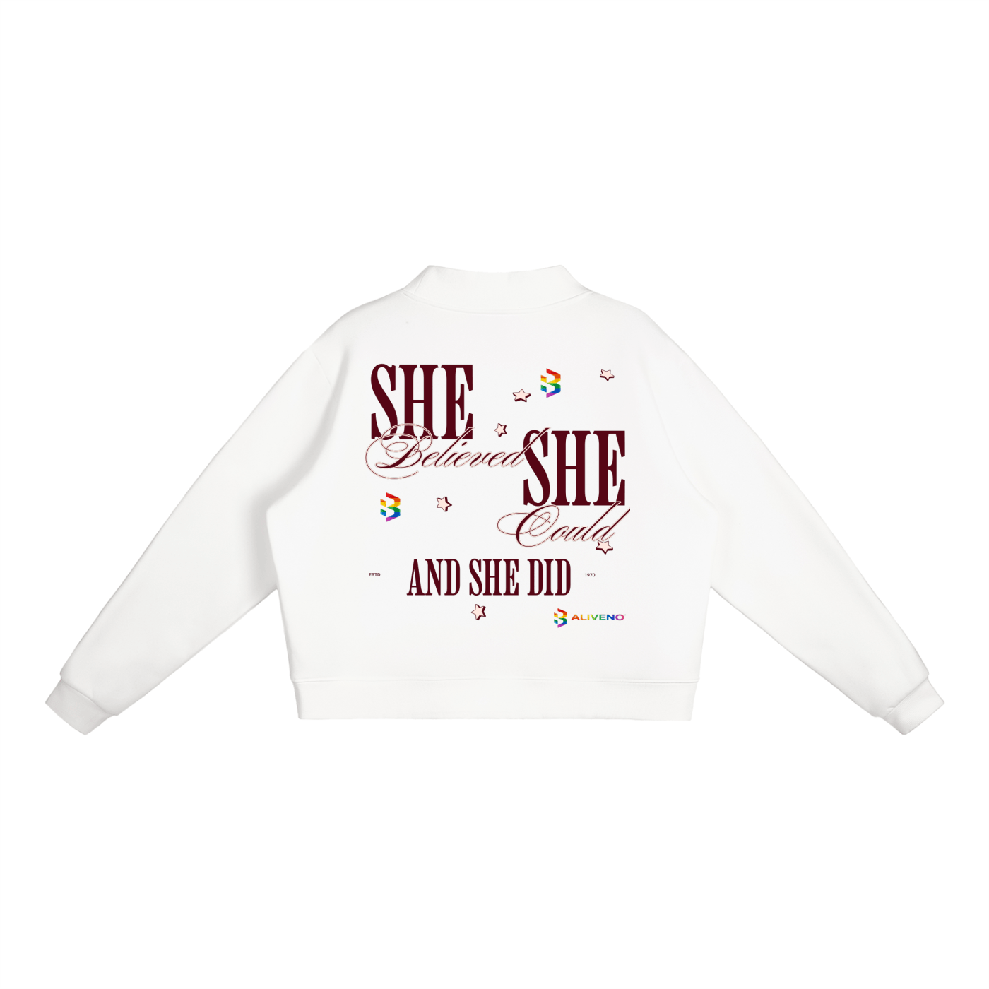 Essential Fleece Mock-Neck Crew Sweatshirt featuring inspiring text on the back, perfect for casual wear.