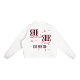 Essential Fleece Mock-Neck Crew Sweatshirt featuring inspiring text on the back, perfect for casual wear.