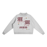 Essential Fleece Mock-Neck Crew Sweatshirt with motivational text design in gray.