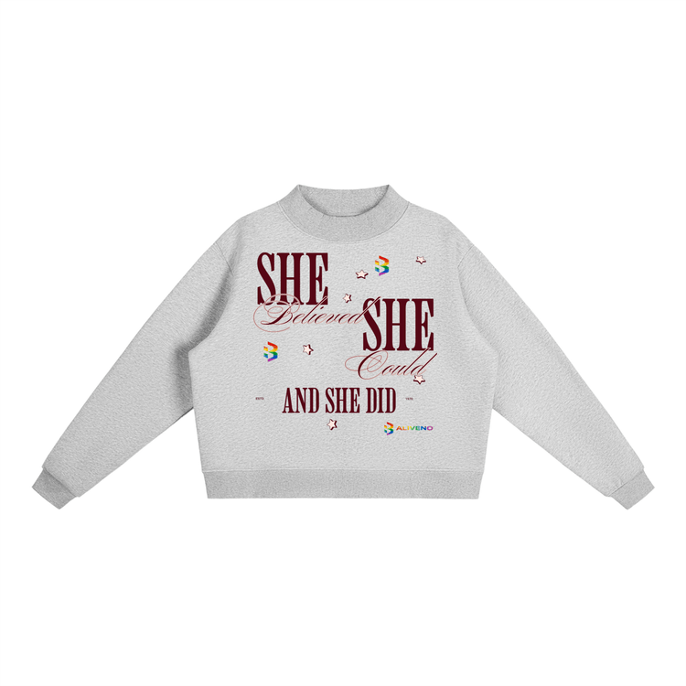 Essential Fleece Mock-Neck Crew Sweatshirt with motivational text design in gray.