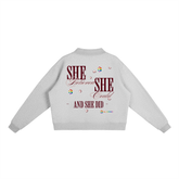 Essential Fleece Mock-Neck Crew Sweatshirt with motivational text "SHE believed SHE could - AND SHE DID" on back.
