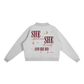 Essential Fleece Mock-Neck Crew Sweatshirt with motivational text "SHE believed SHE could - AND SHE DID" on back.