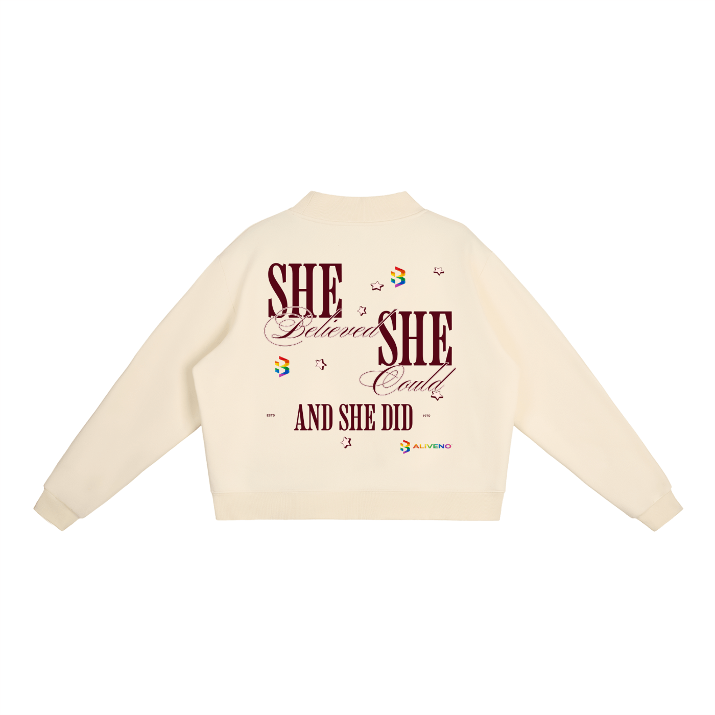 Essential Fleece Mock-Neck Crew Sweatshirt featuring inspirational text on back in cream color.