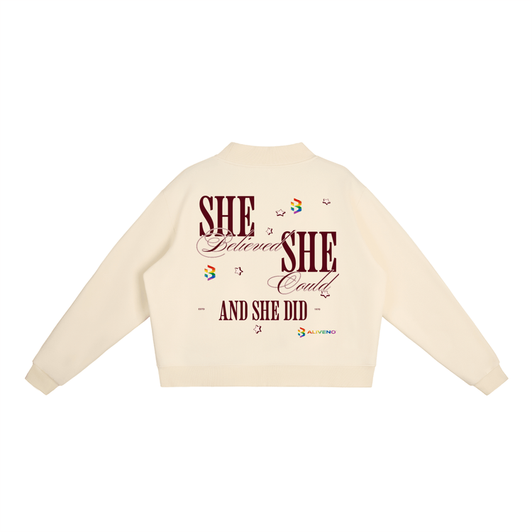 Essential Fleece Mock-Neck Crew Sweatshirt featuring inspirational text on back in cream color.