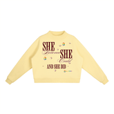 Essential Fleece Mock-Neck Crew Sweatshirt in yellow with motivational quote design.